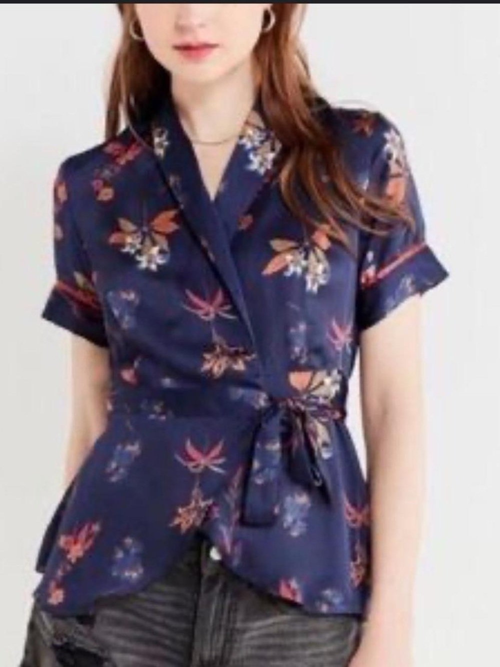 Urban Outfitters Navy Floral Wrap Short-Sleeve Blouse